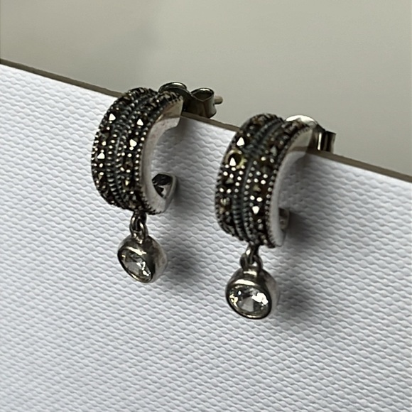 Judith Jack Sterling Silver Crystal Marcasite Huggie Style Hoop Earrings - Picture 4 of 11